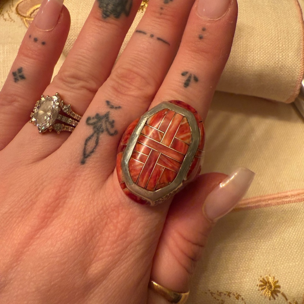 Native American Red Spiny Silver Ring - image 5